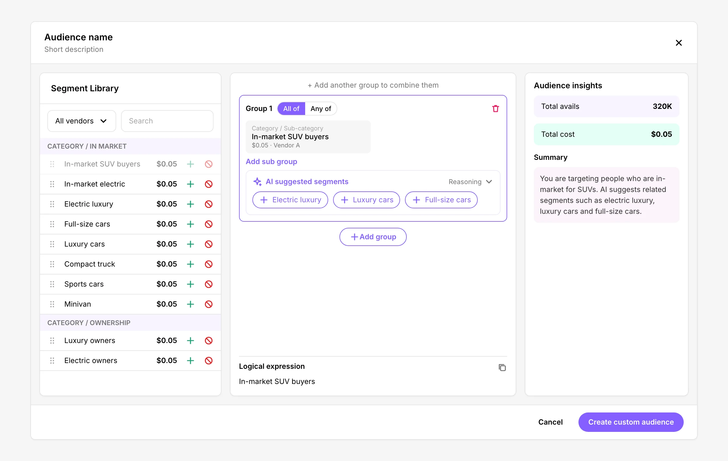 First segment in Group 1, with AI suggested segments and audience insights showing avails, cost and a summary