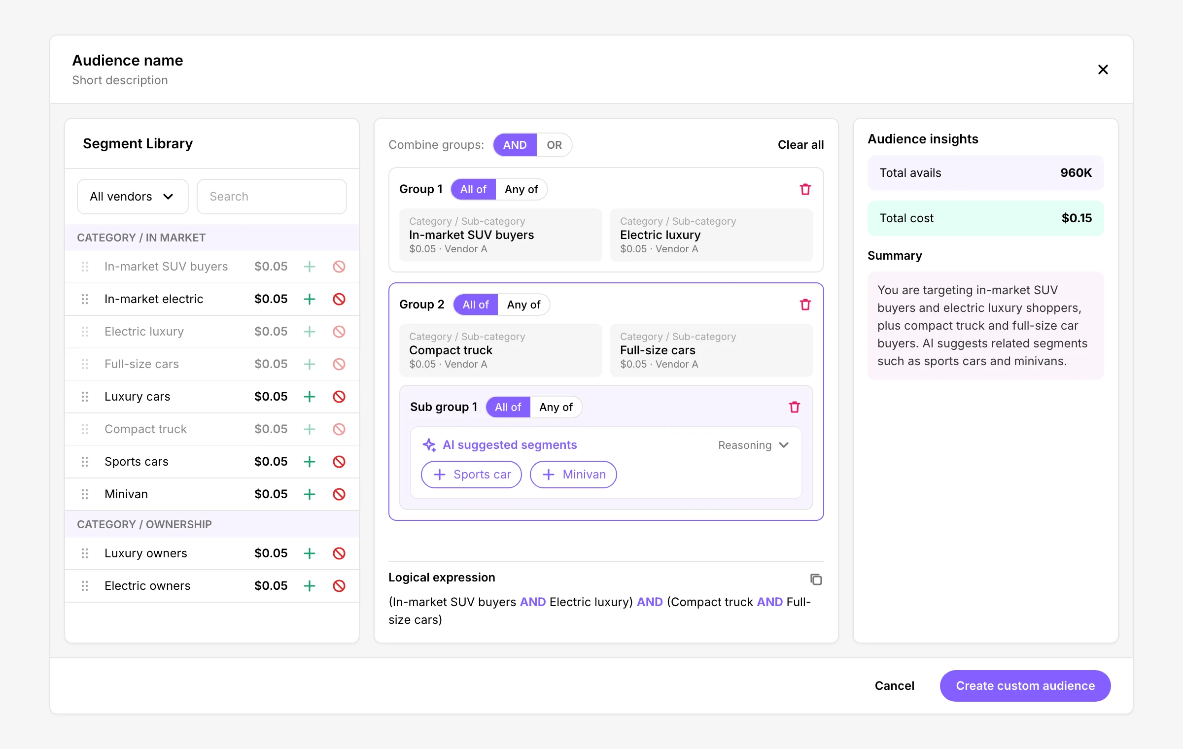 Two groups and a sub group with AI suggestions, the full logical expression, and updated insights