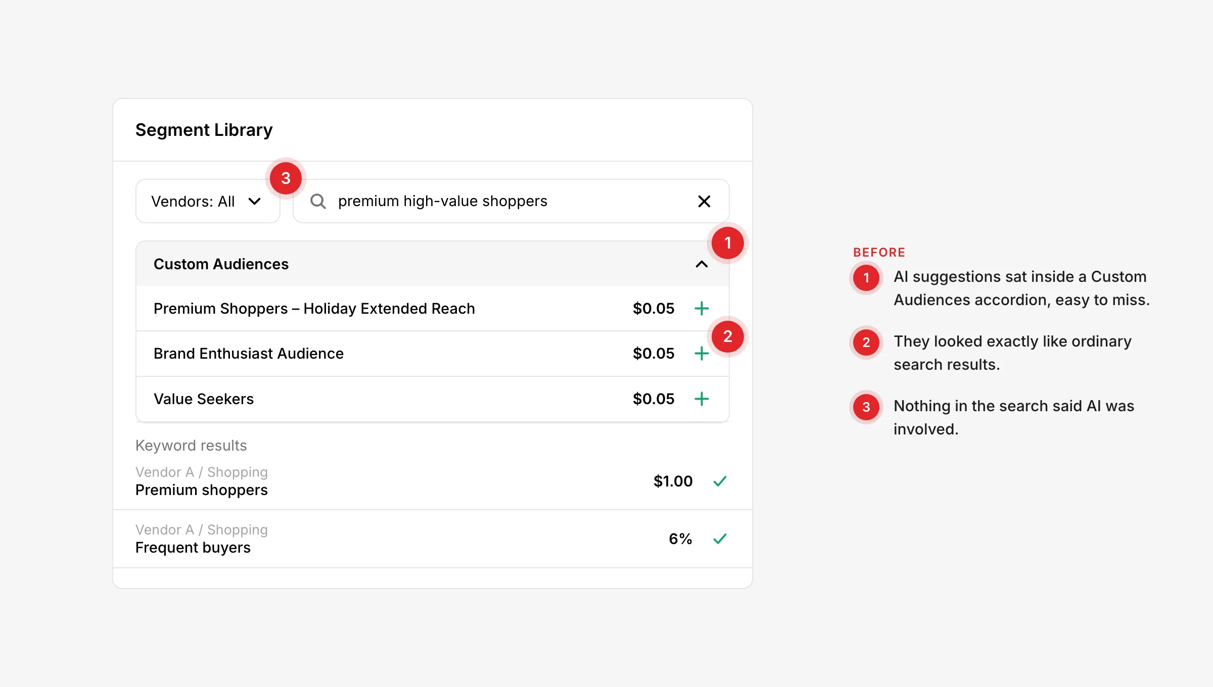Before: AI suggestions inside a Custom Audiences accordion that look like search results