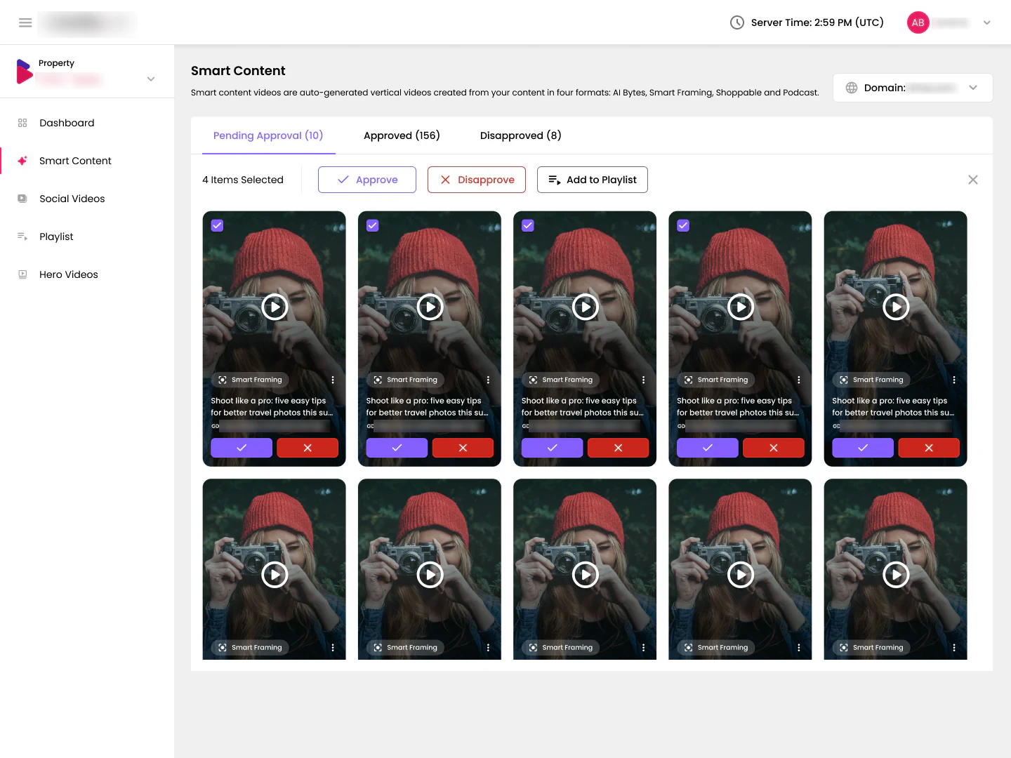 Four videos selected with the selection bar showing Approve, Disapprove and Add to Playlist