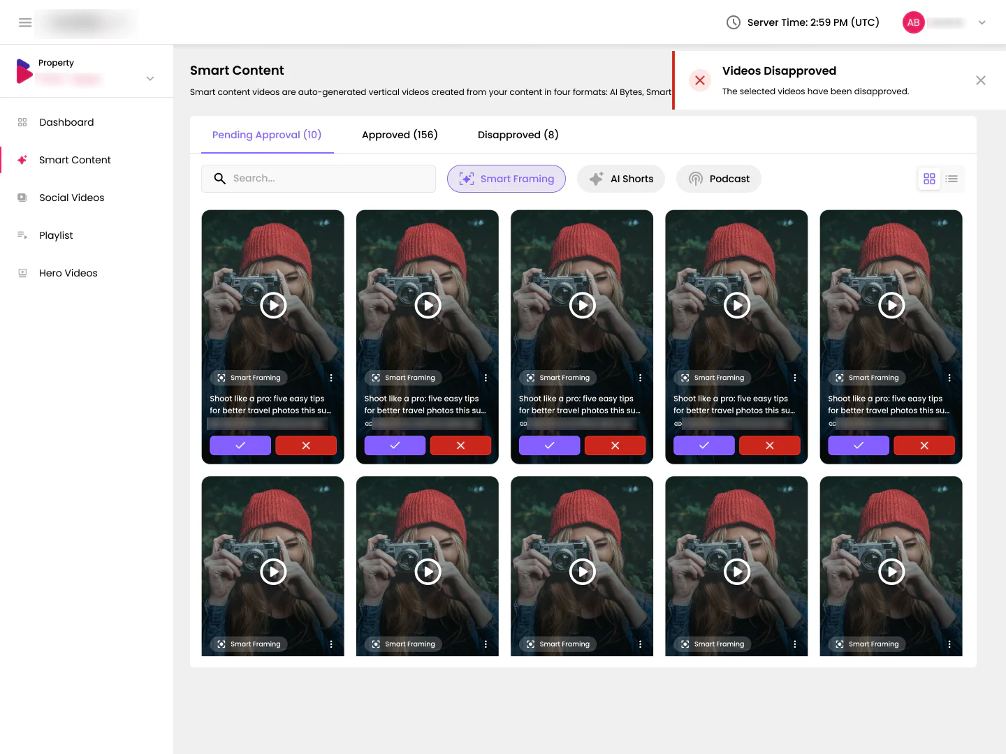 Toast message confirming the selected videos were disapproved