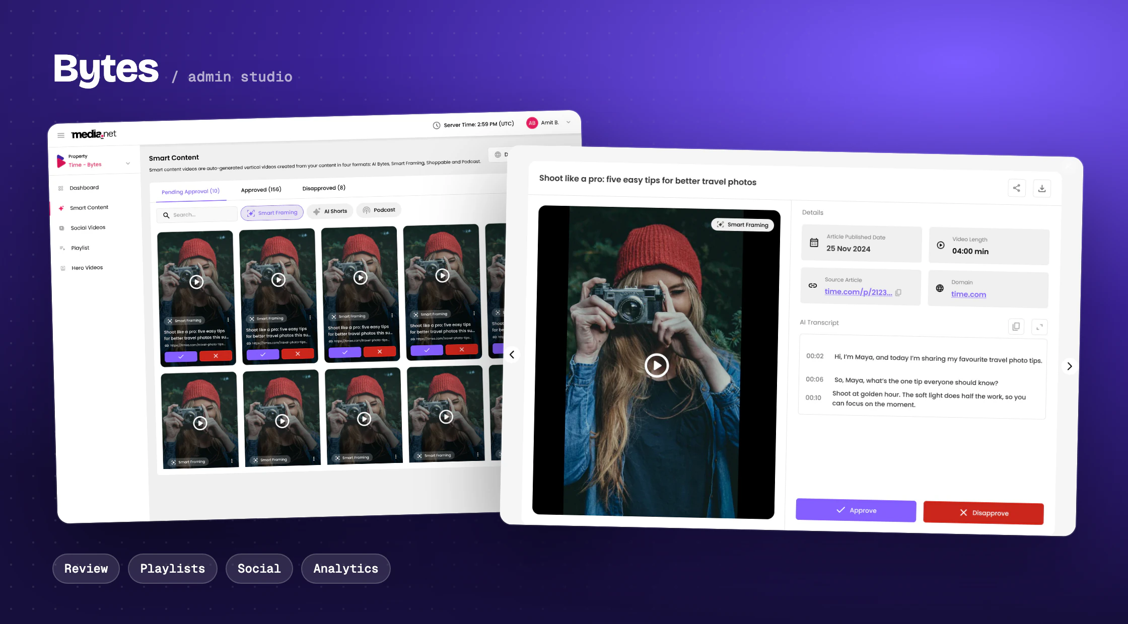 Bytes admin studio: the Smart Content review queue and the video review view