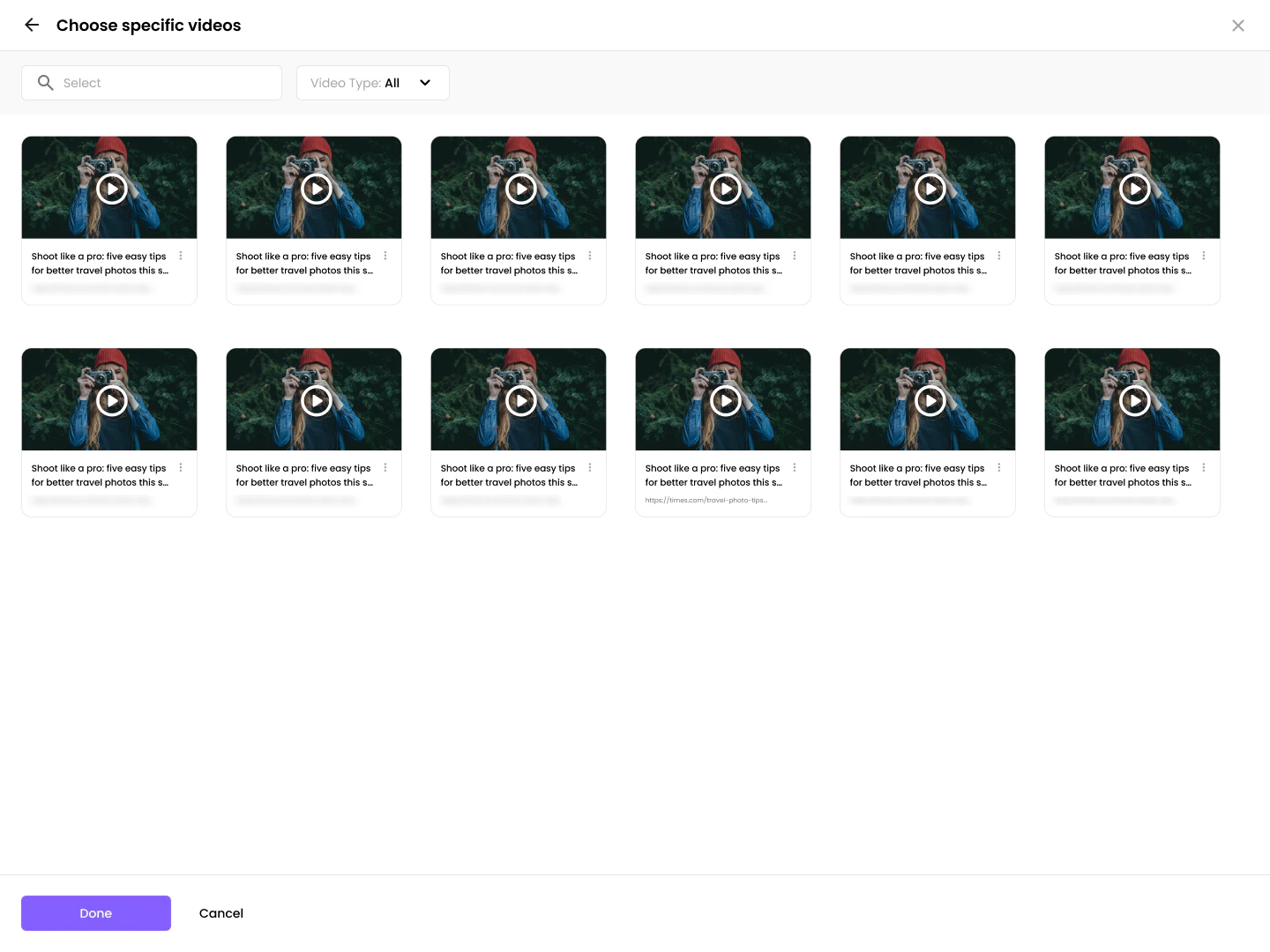Full-screen picker to choose specific videos for a playlist with search and video type filter