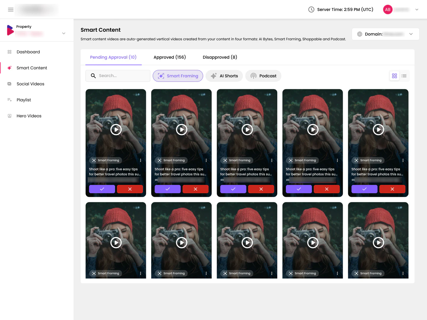 Smart Content review queue in grid view with Pending Approval, Approved and Disapproved tabs, format filters and approve or disapprove buttons on each video card
