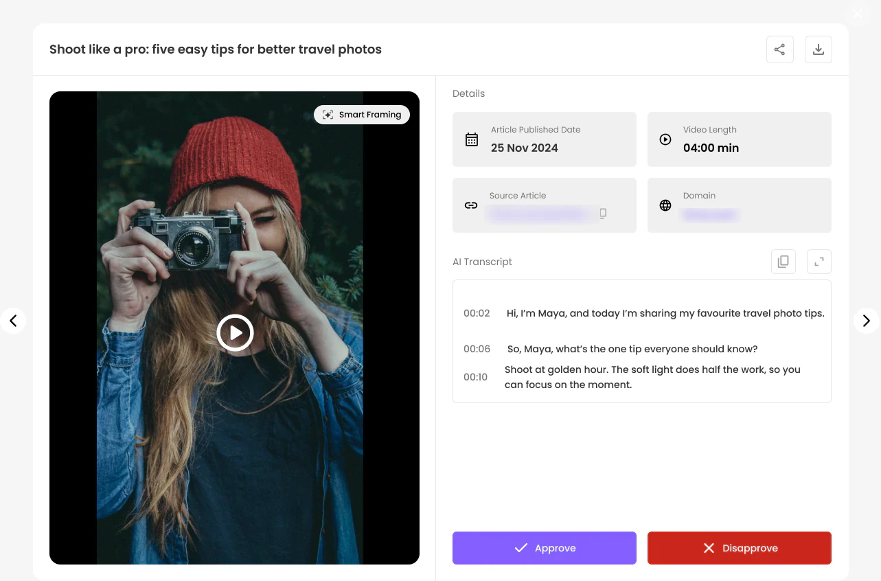 Video review popup with the vertical video on the left and details, AI transcript, Approve and Disapprove on the right