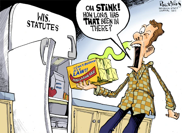 Cartoon of a man shocked by a smell from the back of his fridge