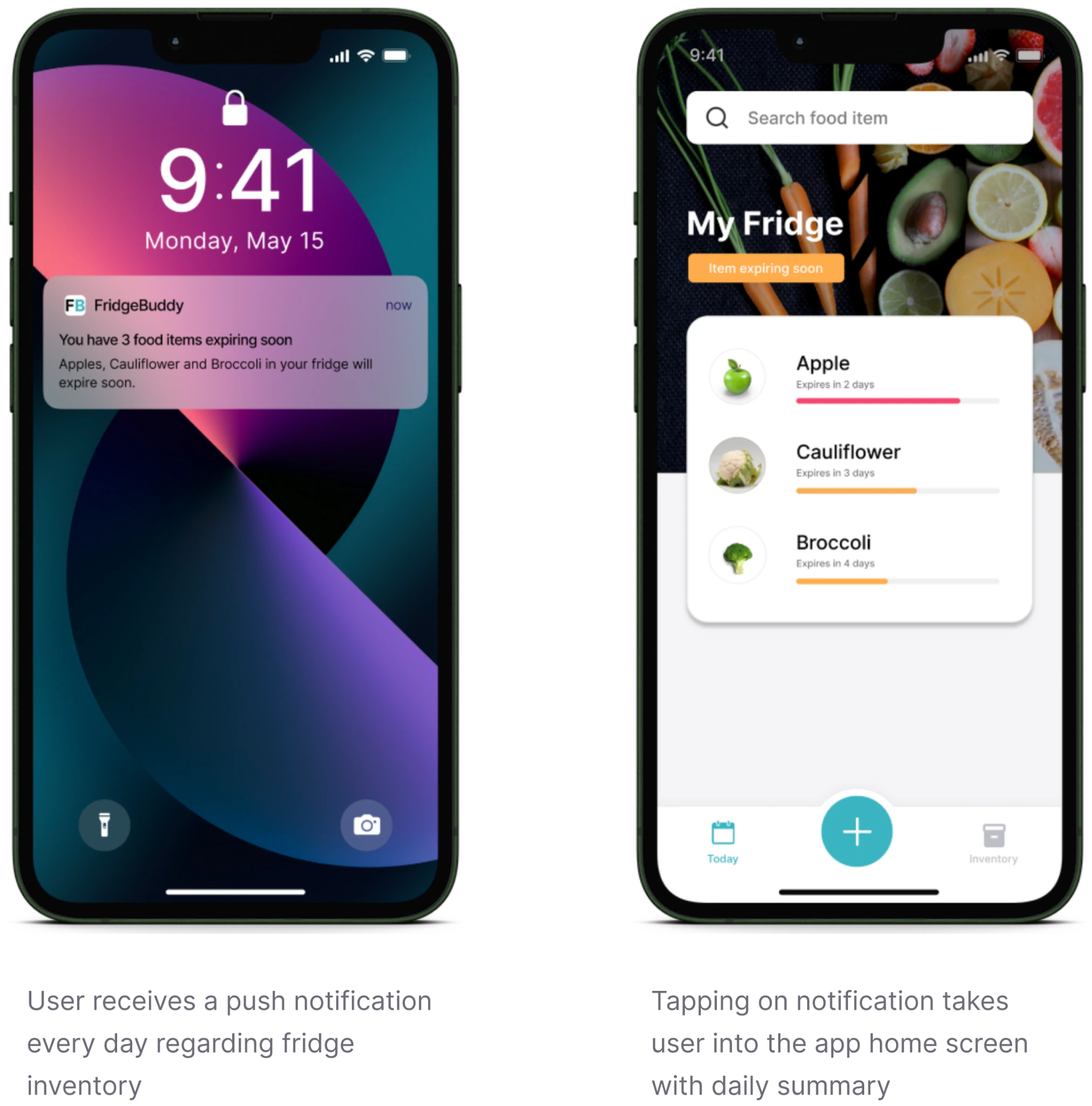 Expiry notification and the fridge summary it opens