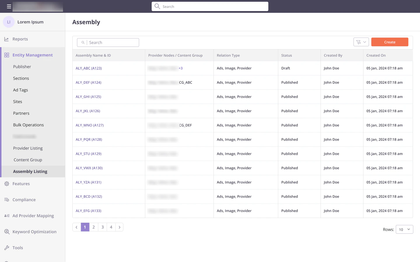 Assembly listing with provider nodes or content groups, relation type, status and dates