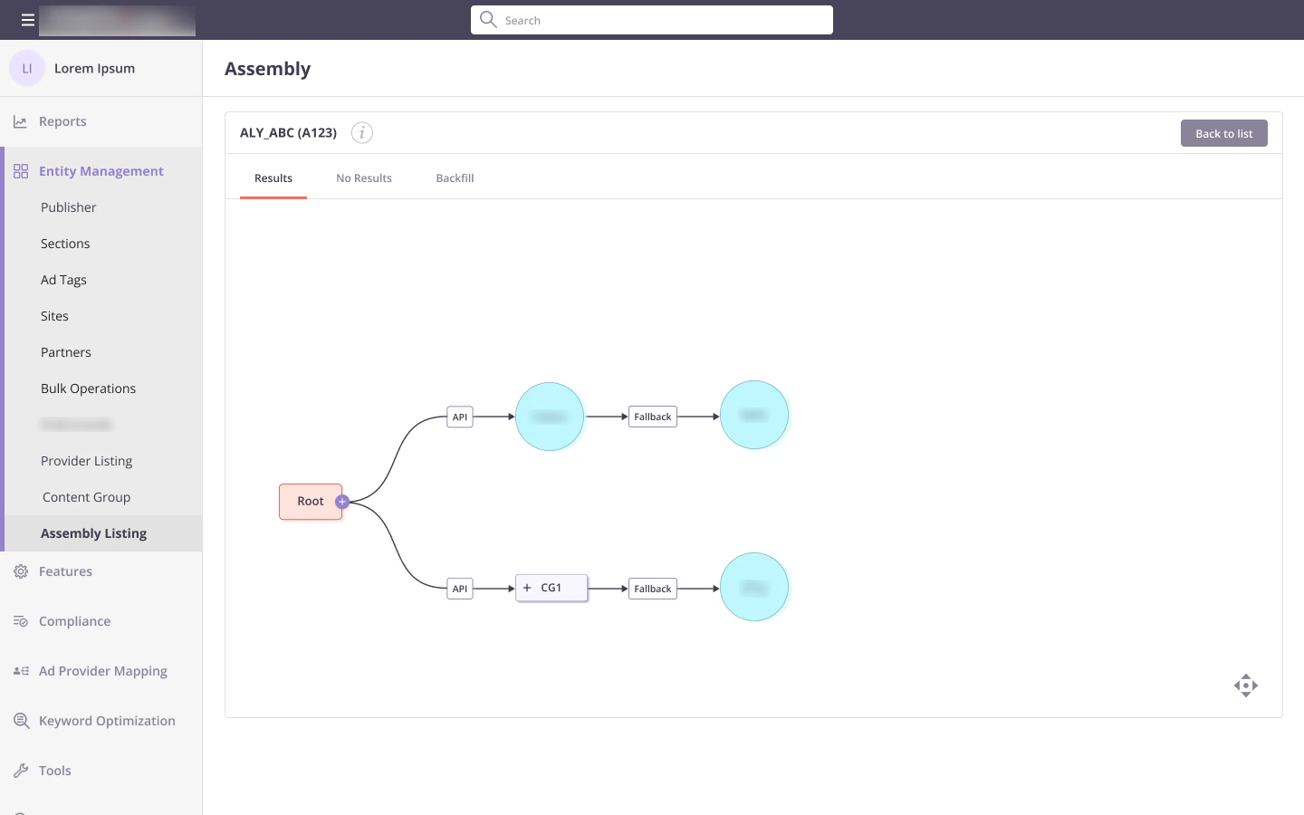 Read-only assembly graph with Results, No Results and Backfill tabs