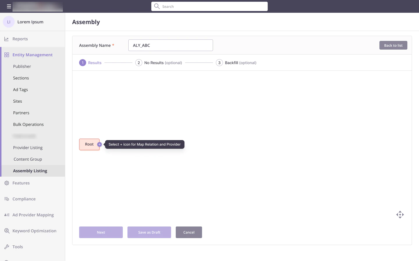 Assembly creation with the Results, No Results and Backfill stepper and a tooltip on the Root node