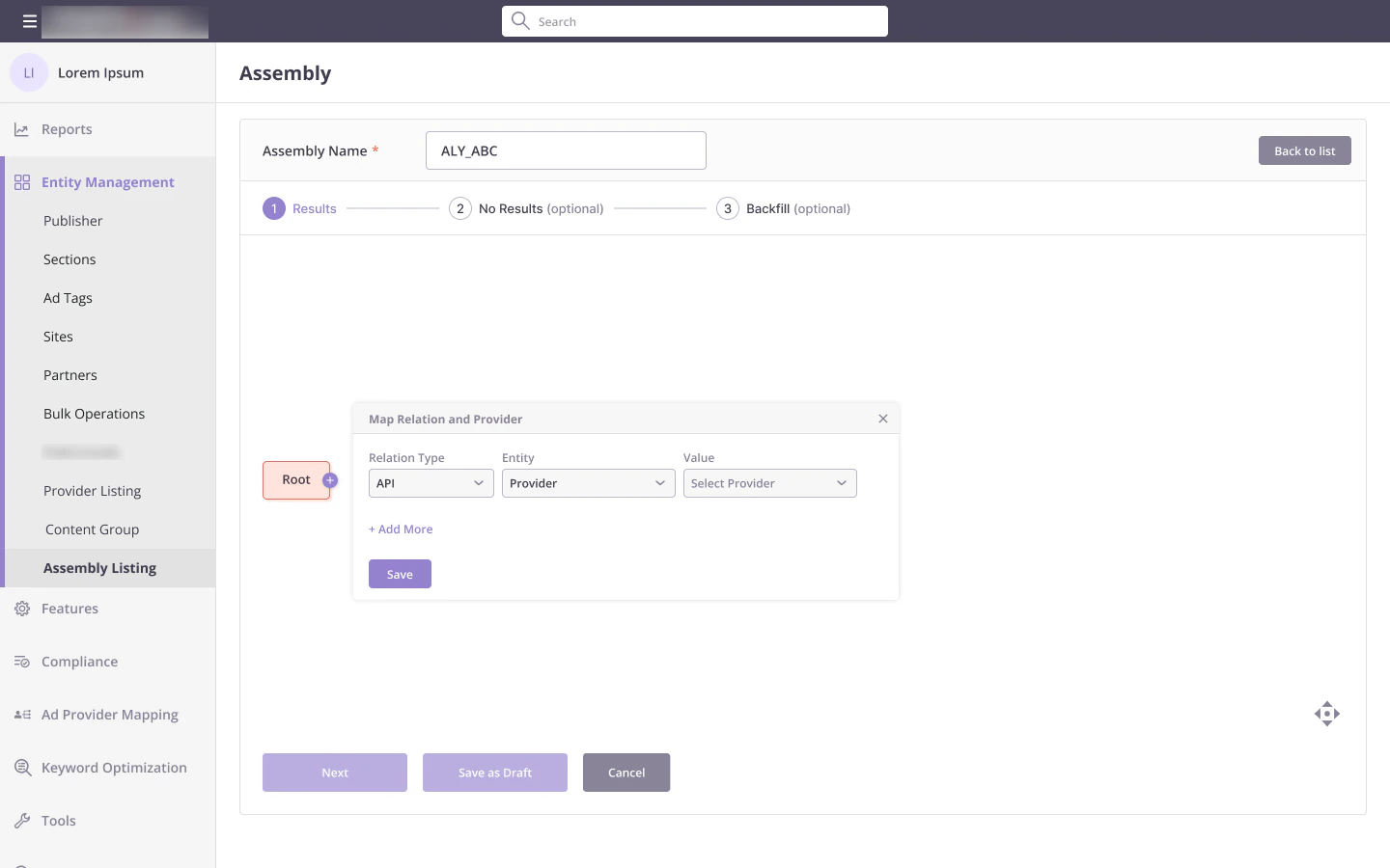 Relation popover from Root with API selected and a provider dropdown