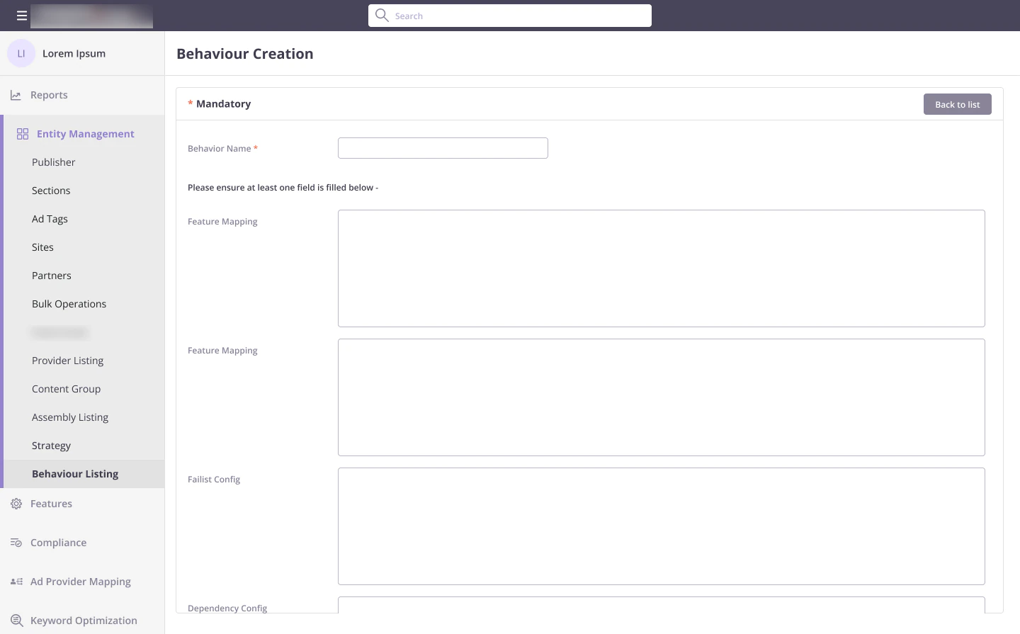 Behaviour creation form with name, feature mapping, fail-list config and dependency config fields