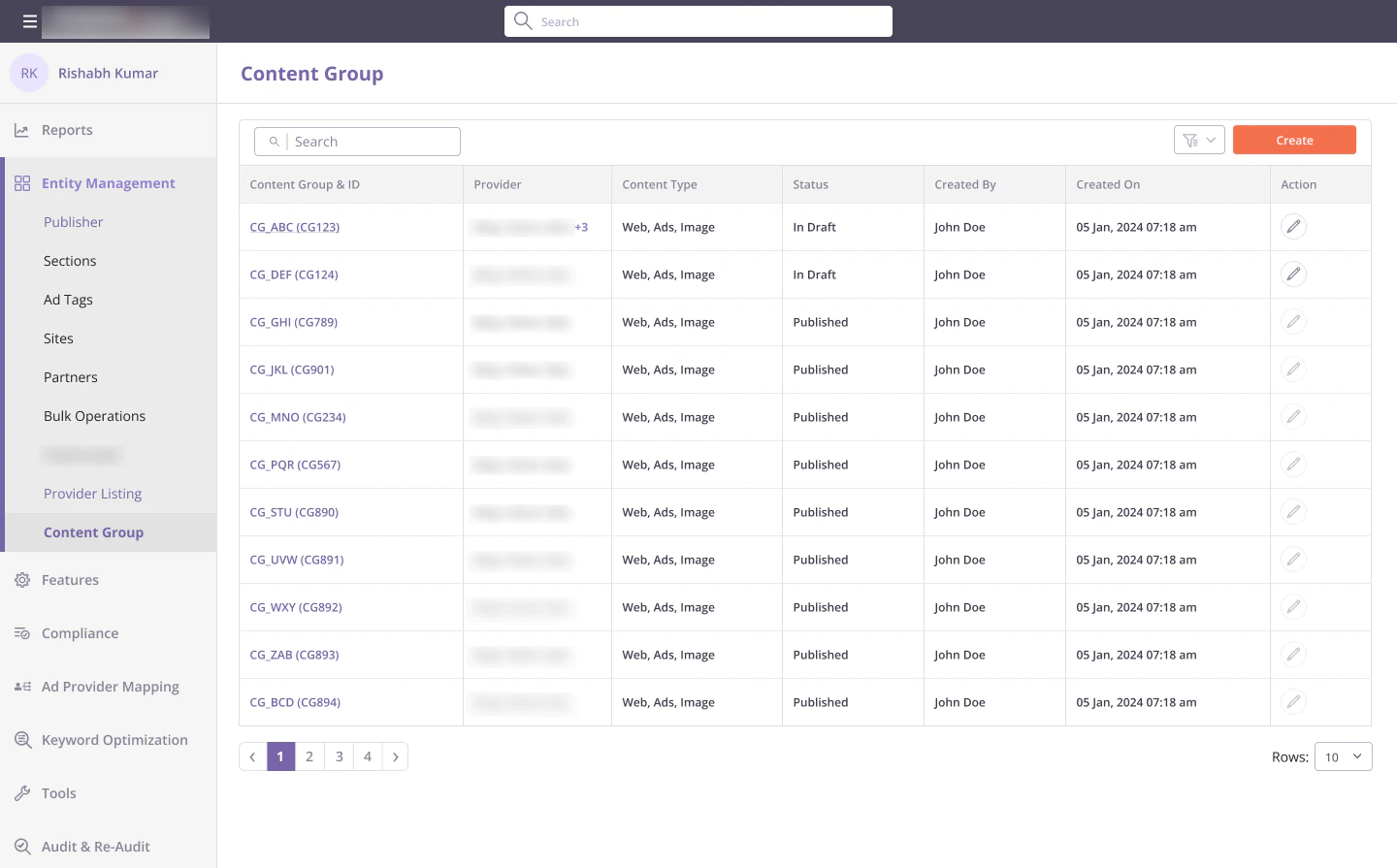 Content group listing with provider, content type, status, creator and date