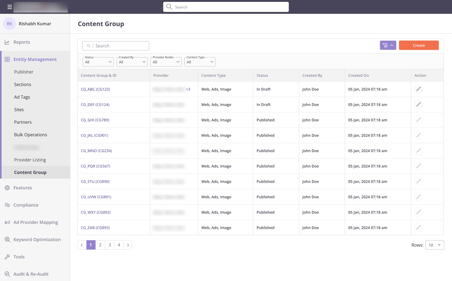 Content group listing with filters for status, created by, provider nodes and content type