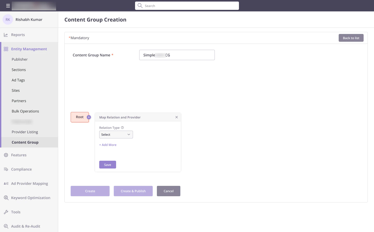Content group creation with the Map Relation and Provider menu open from the first step