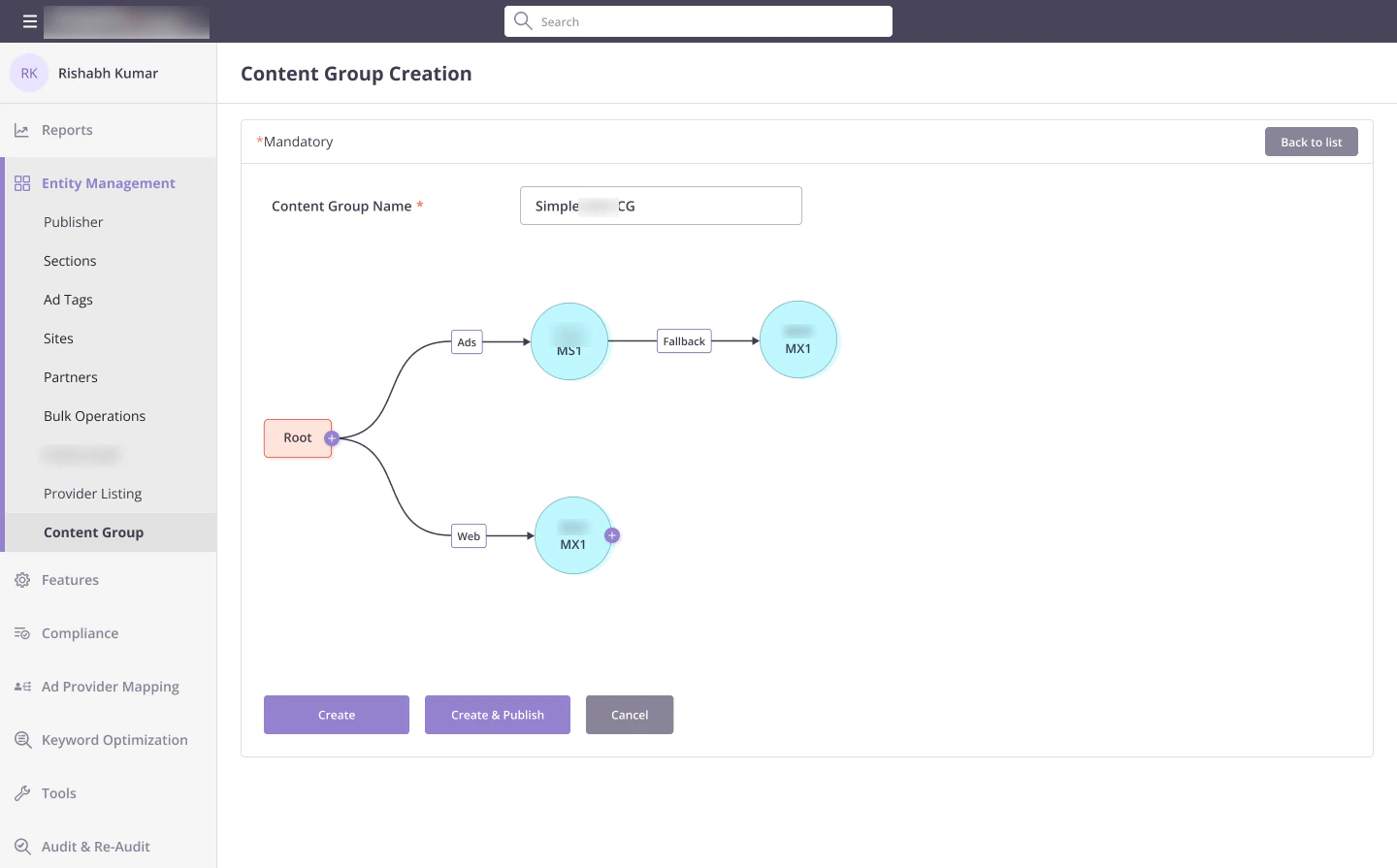Finished content group: ads from one provider with a backup provider behind it, and web results from a second provider