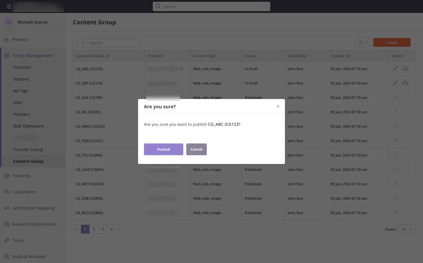 Confirmation dialog asking to publish a content group