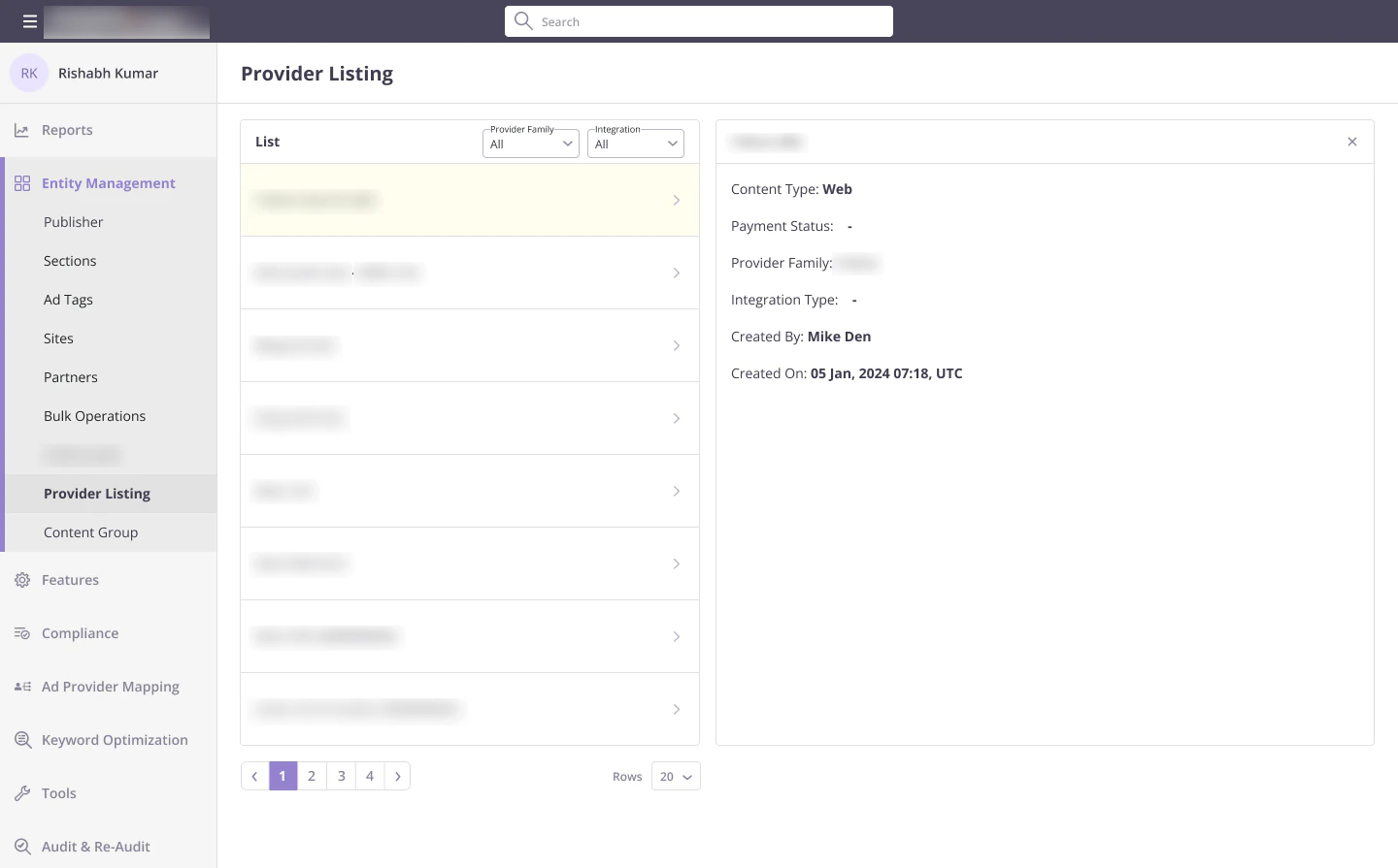 Provider listing with the details panel open for one provider