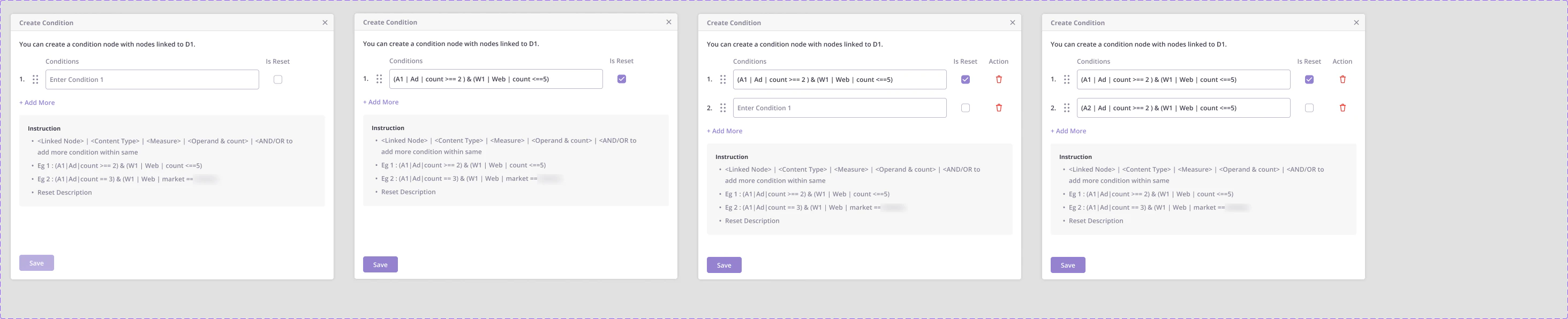 Create Condition dialog states with condition syntax, Is Reset checkbox, reorder handles and instructions