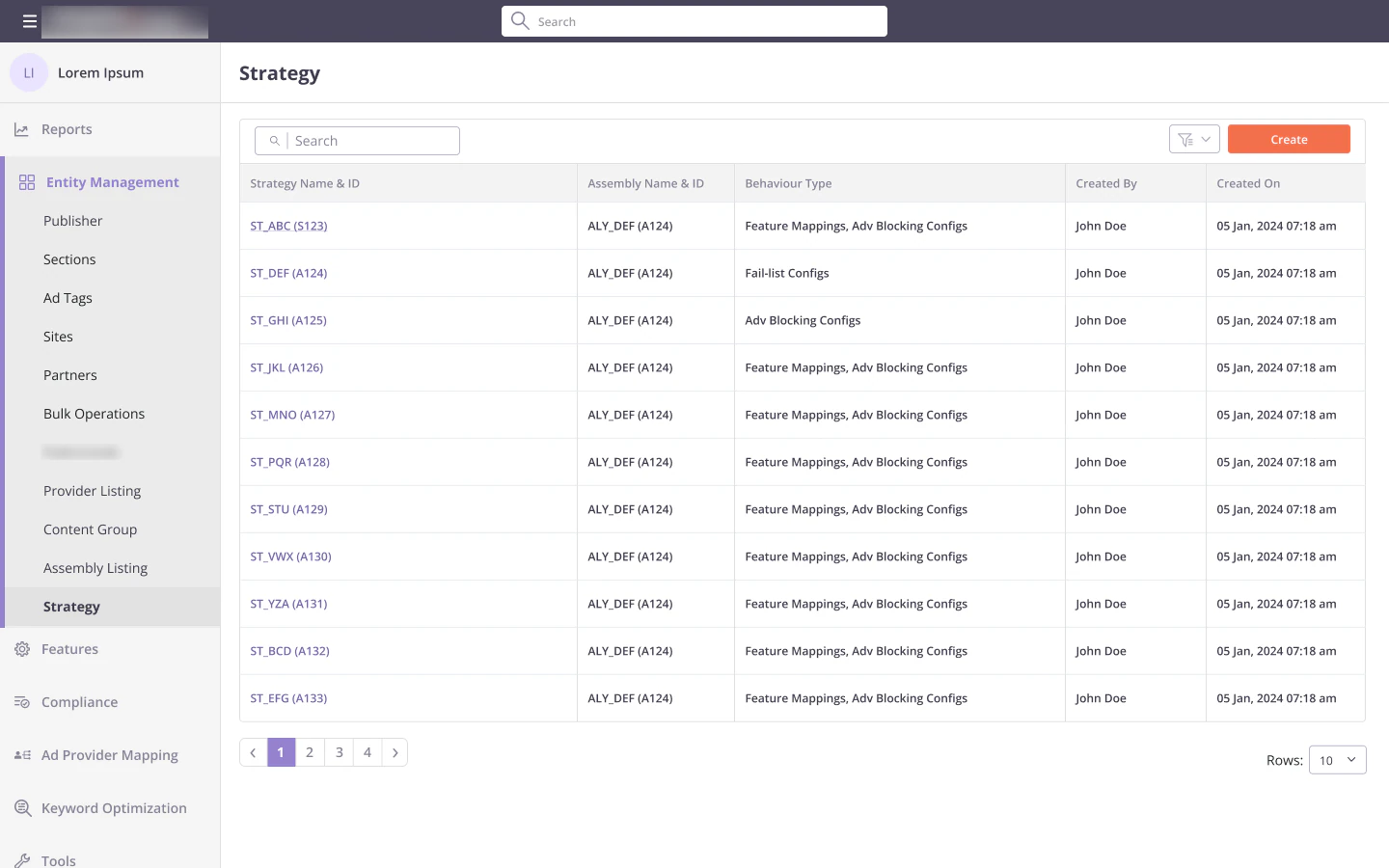 Strategy listing with assembly, behaviour type, creator and date