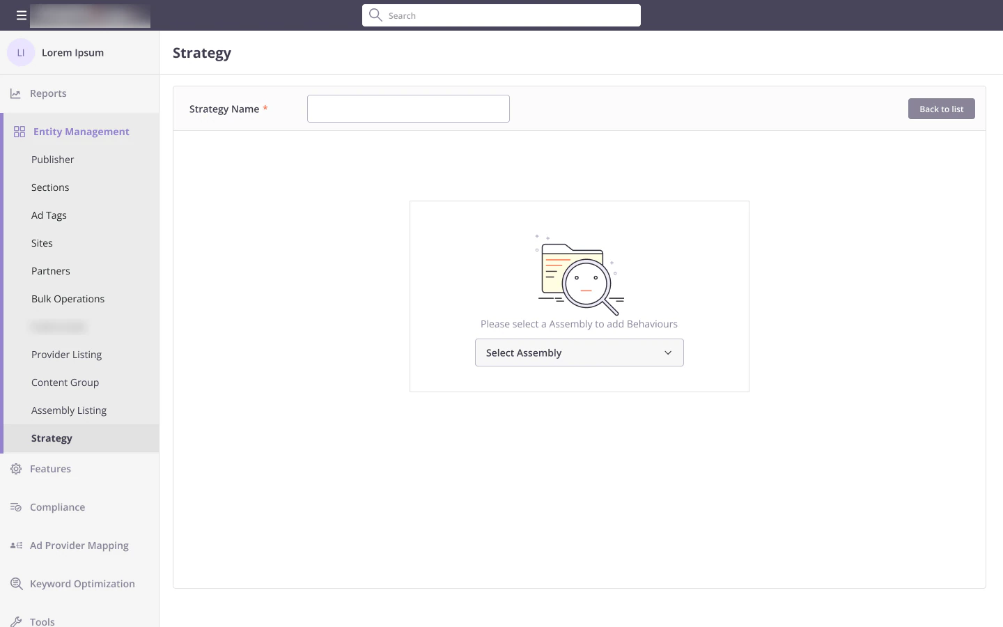 Empty state asking to select an assembly to add behaviours