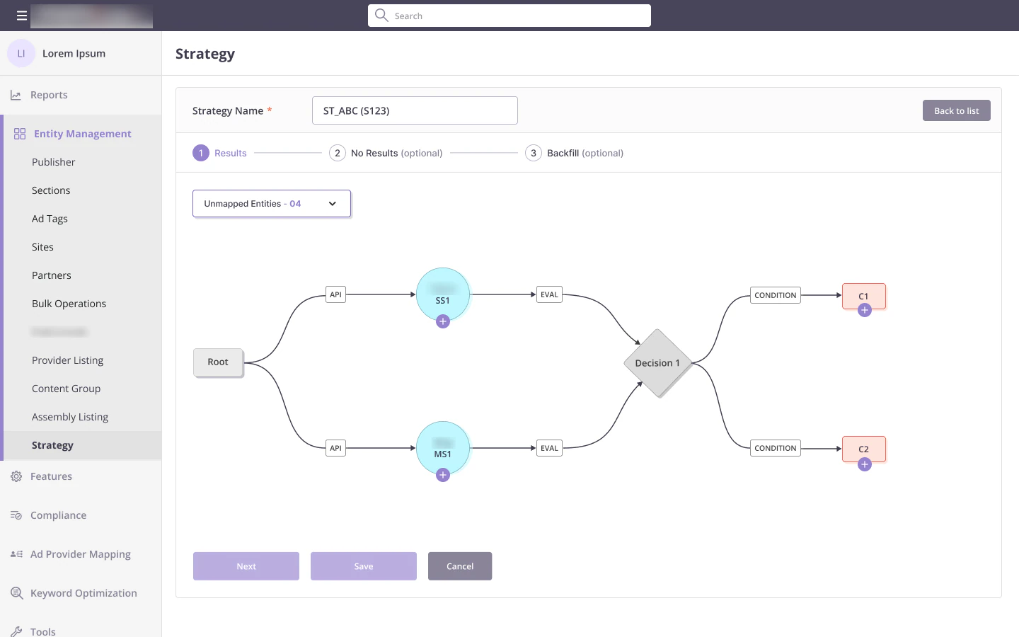 Strategy flowchart with Unmapped Entities at 04 and plus icons on each step