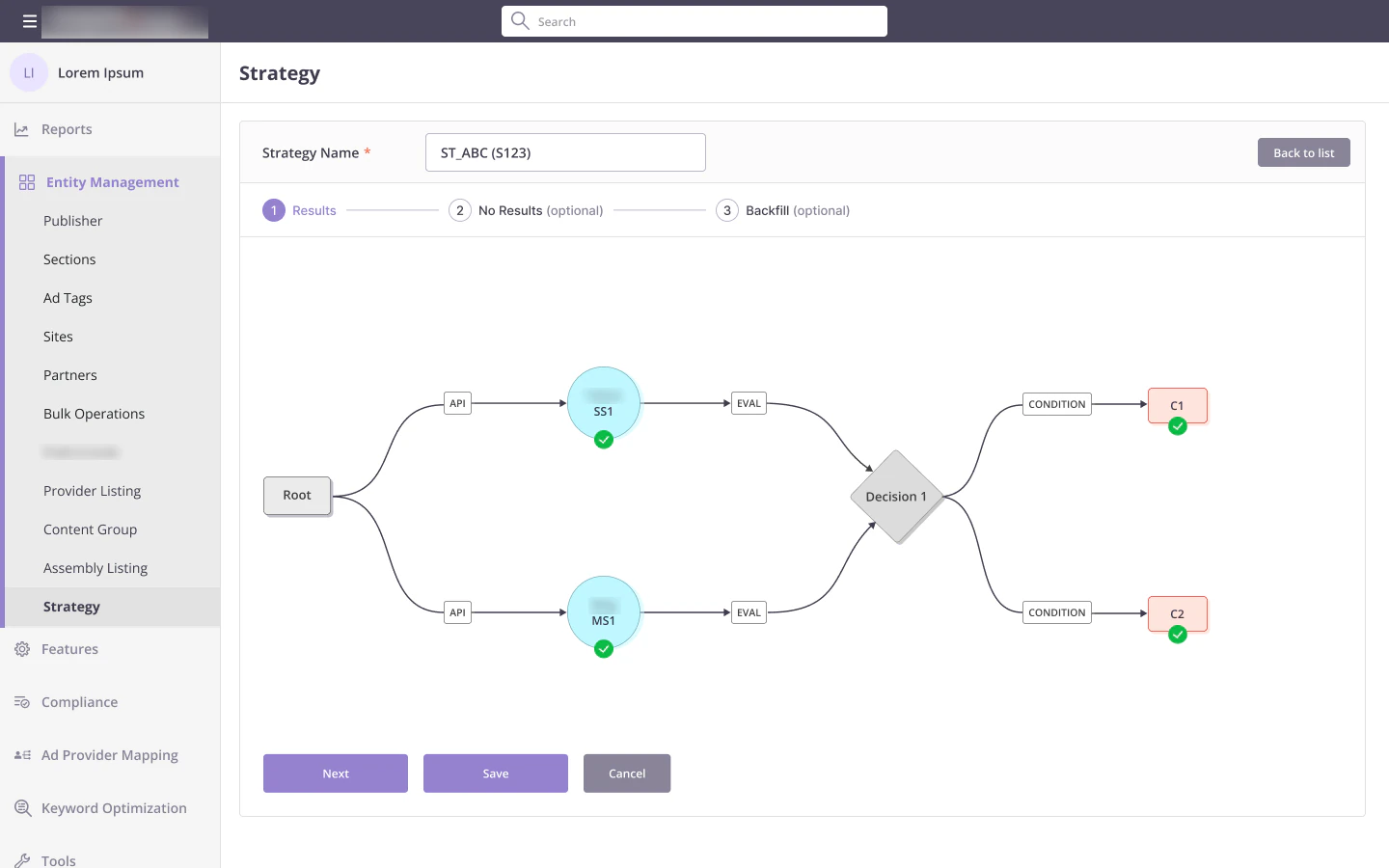 Strategy flowchart with every step showing a green check and Next enabled