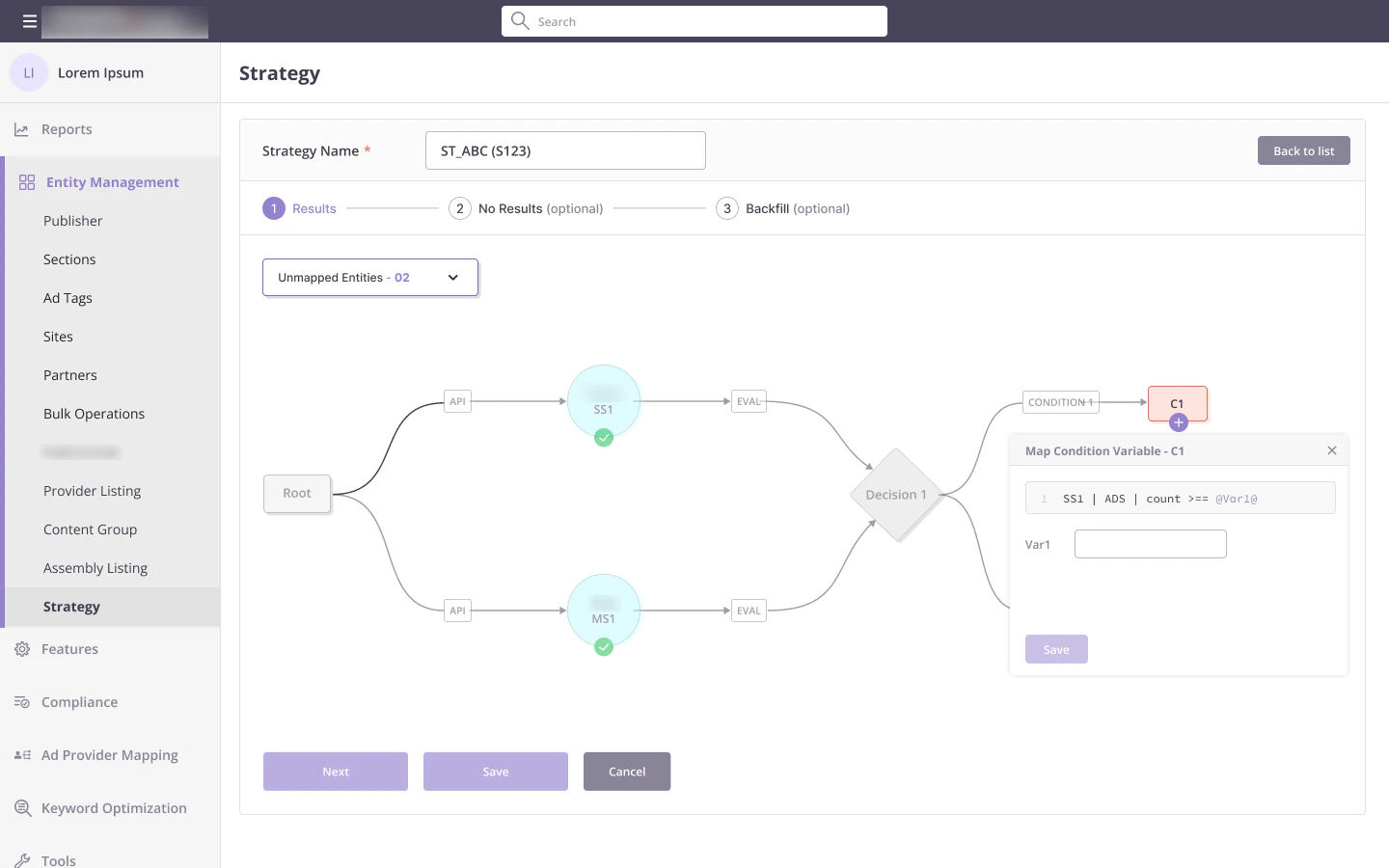 Map Condition Variable popover on condition node C1