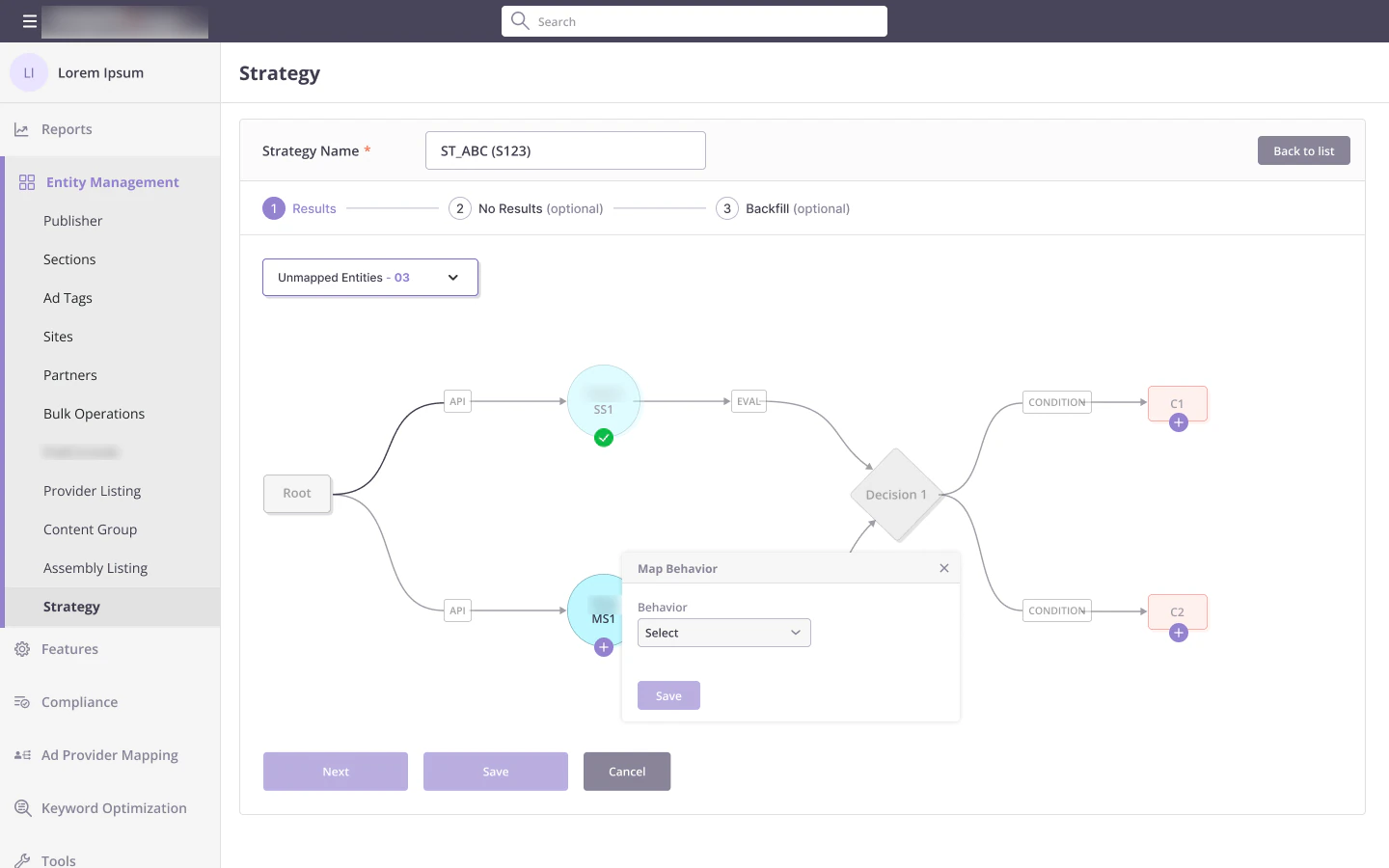 Map Behavior popover open on a provider node with Unmapped Entities at 03
