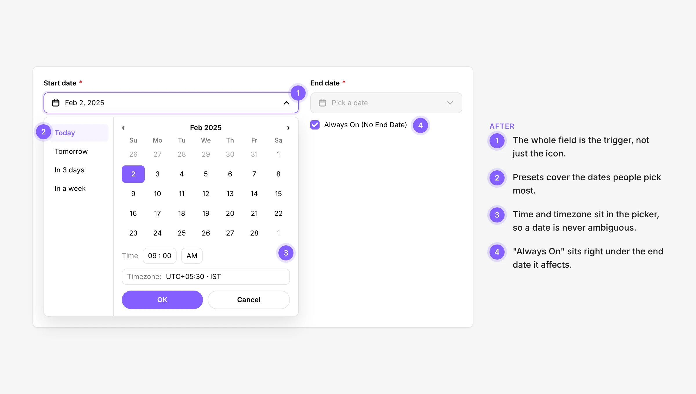 After: the Date Picker with presets, a calendar, time and timezone, and Always On under the end date