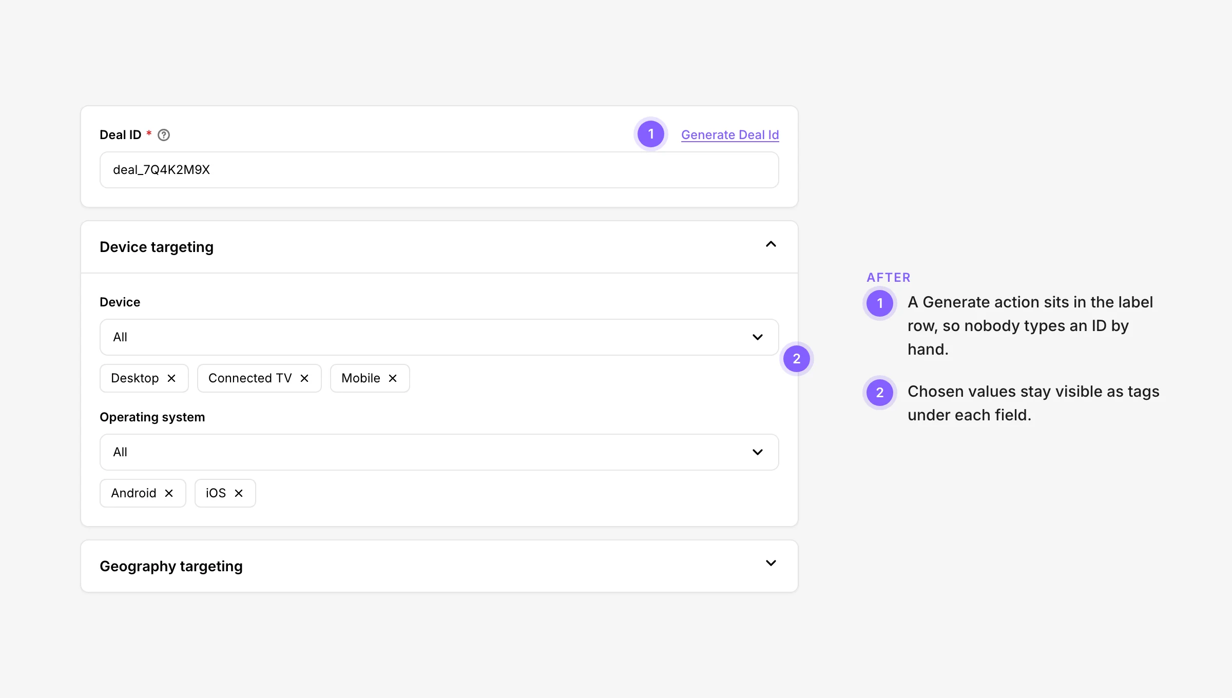 After: an ID field with a Generate action and an open section with chosen values as tags