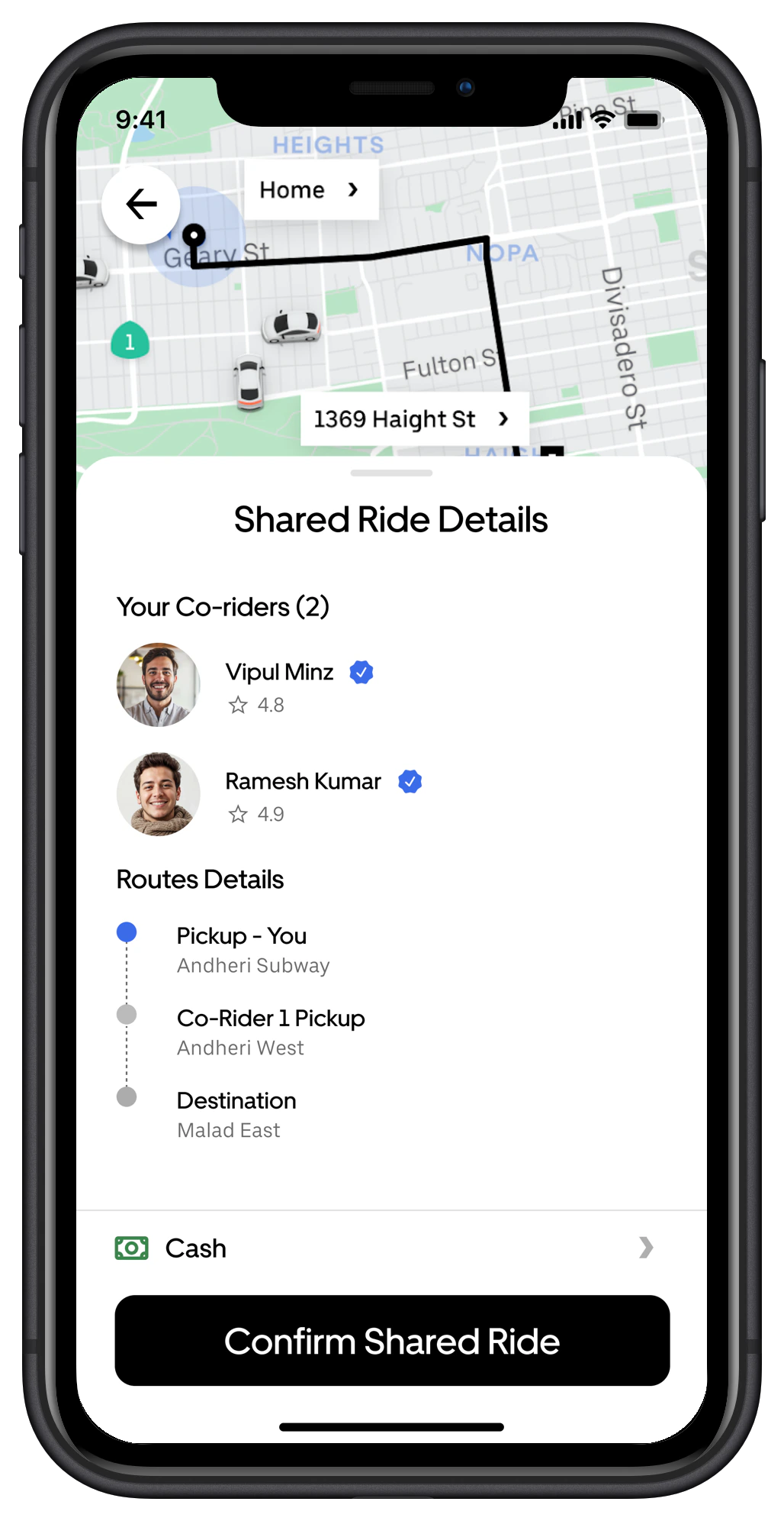 Route details with co-rider destinations